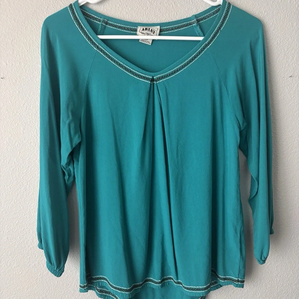Ariat Women's Turquoise Pleated V Neck 3/4 Length Top Size Small‎ Rodeo Western